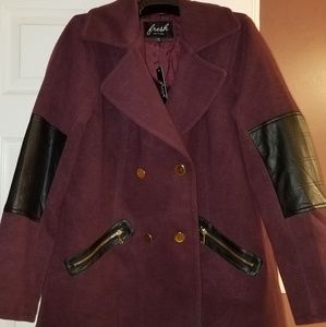 Women Pea Coat with faux leather details